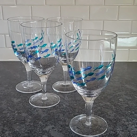 Barstow Cut Glass Blue and Turquoise Fish Goblets - Set of 4 - Picture 8 of 9